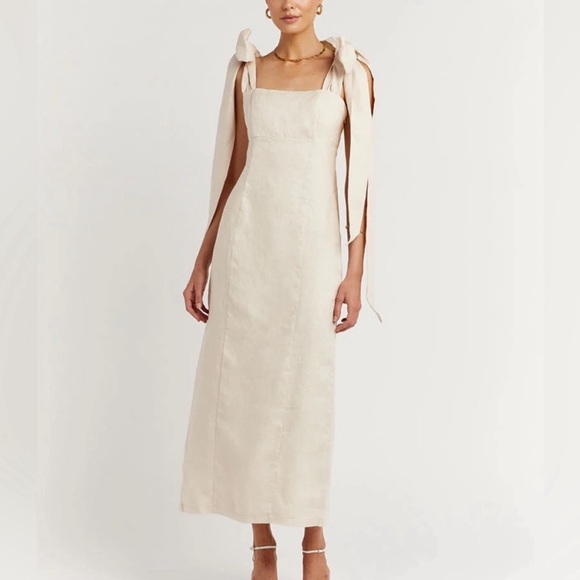 Dissh Midi Dress, linen with bow, size us 2 - Picture 2 of 7